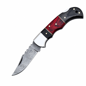 Cuchillo Plegable de Acero de Damasco Personalizado, Grado Industrial, para Camping, Hoja de Borde Recto, Mango de Madera, Funda de Cuero, ODM/OBM - Product Image 1