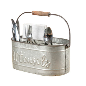 Porte-couverts rustique en métal galvanisé avec poignée en bois, organisateur d'ustensiles en fer multi-compartiments, seau de rangement à vendre - Product Image 4