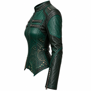 Chaqueta de Cuero Genuino Verde Oscuro para Mujer, Estilo Motero, con Estampado Gráfico Personalizado, Correa en el Pecho y Tachuelas, Servicio de Fábrica OEM - Product Image 4