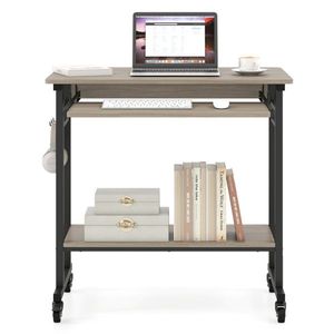 Gray 360 Degree Lockable Casters Mobile <b>Computer</b> <b>Desk</b> with Keyboard Tray and Storage Shelf for Home Office - Product Image 4