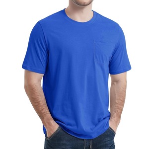 Camiseta de Algodón de Manga Corta Azul Rey para Hombre, Corte Regular, Cuello Redondo, Informal, con Bolsillo Frontal, Color Sólido - Product Image 1