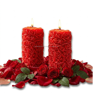 Designer Floral Carved Candle Set Red Luxury Pillar Candles for Romantic Decor Wedding Gift Bulk USA - Product Image 4