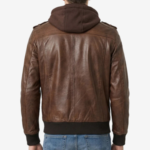 Veste en cuir marron premium pour homme, style motard vintage, coupe ajustée, en PU, avec capuche amovible, coupe-vent d'hiver - Product Image 2
