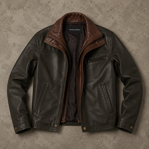 Veste classique en cuir marron pour homme, coupe droite décontractée pour l'hiver, deux poches zippées fonctionnelles, coupe-vent, respirante, 500g - Product Image 1
