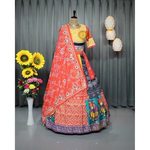 TRADITIONAL SOFT BUTTER <b>SILK</b> DIGITAL PRINTED MIRROR WORK LEHENGA CHOLI WITH DUPATTA <b>RED</b> - Product Image 1