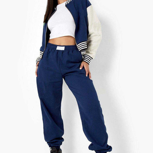 Varsity Jacket Women's Blue White Letterman Bomber Coat Embroidered 06 Patch Preppy Style Zipper Closure Short Length - Product Image 3