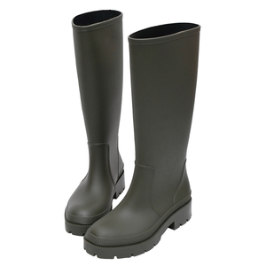 Ann'S Green Women Waterproof <b>Knee</b> High Rain Boots Rubber Upper Round Toe Slip-On Chunky Sole All Seasons Solid Color Work Boots - Product Image 1
