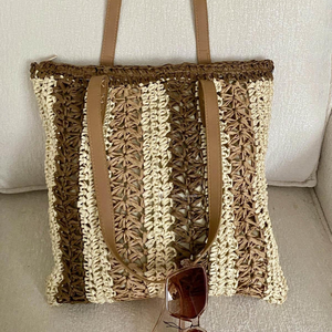 Paper Straw <b>Tote</b> Bag, Woven Striped Shoulder Bag with Leather Handles, Chic Bohemian Shopper Bag for Women - Vietnam Handicraft - Product Image 3