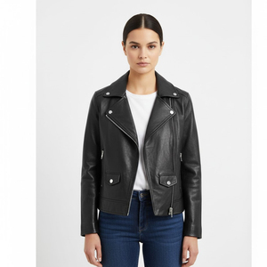 Veste moto en cuir véritable pour femme, col montant, fermeture éclair, manches longues, style automne, couleur unie, coupe classique - Product Image 1