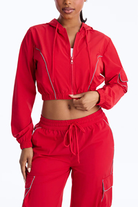 Women's Red Printed Rhinestone Tracksuit Full Length Cargo <b>Pants</b> Side Pockets Casual Croptop Jacket Autumn Waterproof Windproof - Product Image 6
