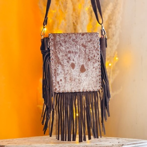 New Premium Quality 100% Genuine Leather Crossbody Shoulder Sling Bag Western Style Hair On Hide <b>Fur</b> With Long Fringe Tassel Bag - Product Image 1