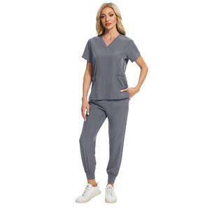 Ensemble de blouses médicales pour femmes, col en V, gris, coton et polyester, uniforme médical, vêtements de travail d'hôpital, pantalon de jogging pour infirmières - Product Image 1