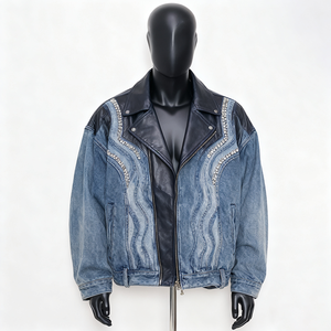 Blouson de motard en cuir PU marron pour homme avec embellissement en cristal, fermeture éclair, col rabattu, coupe courte et ample, style automne - Product Image 4