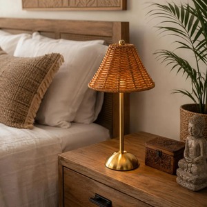 <b>Rattan</b> Shade <b>Table</b> Lamp For <b>Bedside</b> Reading Light Handmade Woven Night Lamp Living Room Bedroom Cozy Ambient Lighting Decor - Product Image 6