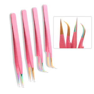 Pince à cils professionnelle pour greffe, à pointe fine semi-droite, avec embout rose, multi-antimagnétique - Product Image 2