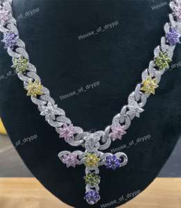 Collar de Plata 925 con Incrustaciones de Diamantes de Moissanita Multicolor, Diseño Floral, Estilo Cubano, Joyería para Fiestas Hip Hop - Product Image 1