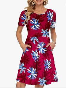 Robe midi décontractée vintage pour femme, printemps-été, à manches courtes, imprimé numérique, taille naturelle, silhouette trapèze, poches décontractées - Product Image 6
