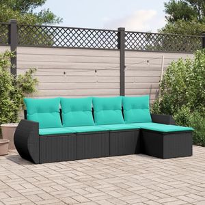 Set divano da 5 pezzi in Poly Rattan nero con cuscini per uso giardino - Product Image 1