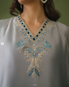 Women's Light Blue <b>Silk</b> <b>Kurta</b> Floor-Length Traditional Indian Pakistani Wedding Wear Loose Fit Embroidered Design - Product Image 3