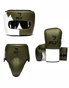 Ensemble de boxe Fly neuf et professionnel : Gants en cuir, protège-tête et protège-glandes, respirant et durable, blanc et vert olive - Product Image 1
