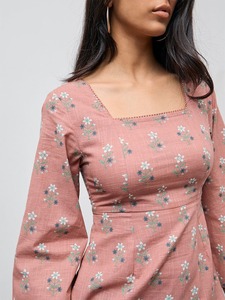 Trendy Women Dusty Rose Floral Printed <b>Long</b> <b>Top</b> <b>Square</b> <b>Neck</b> Empire Waist Flared Tunic Stylish Bohemian Casual Wear - Product Image 4