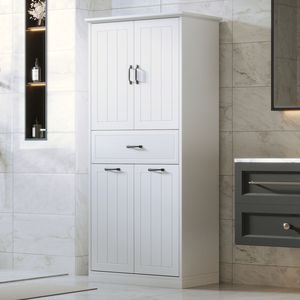 White Two-Door Bathroom <b>Storage</b> Cabinet with Drawer and <b>Laundry</b> Baskets Home Use - Product Image 2