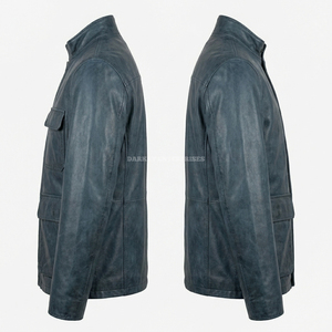 Veste en cuir bleue personnalisée pour homme, fournisseur en gros, OEM ODM, effet vieilli, multi-poches, col montant, manteau d'extérieur - Product Image 4