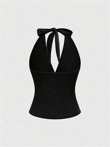 <b>Women's</b> <b>White</b> Halter <b>Tank</b> <b>Top</b> With Black Embroidery Bohemian Style Breathable Knitted Spandex Polyester <b>Top</b> - Product Image 4