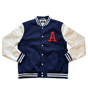 Causal Sporty Varsity <b>Jacket</b> Men Men Varsity <b>Jacket</b> Navy Blue Cream Letterman Chenille A <b>Patch</b> - Product Image 1