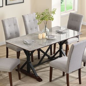 Tavolo da Pranzo Moderno in Pietra Sinterizzata Grigia 63 Pollici, Rettangolare, Effetto Marmo, con Struttura in Metallo a X - Product Image 2