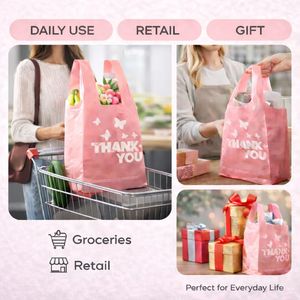 100 Sacchetti Rosa Riutilizzabili Monouso a Forma di T-Shirt, Sacchetti per la Spesa con Scritta 'Thank You' per Piccole Imprese e Asporto, 100% Leggibili - Product Image 3