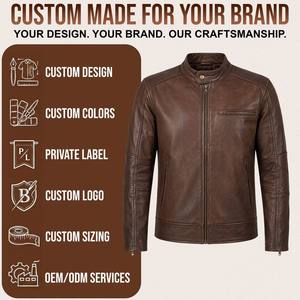 Chaqueta de cuero genuino de vaca marrón vintage para hombre, estilo Cafe Racer, con cuello de banda, cremallera completa y bolsillos con cremallera. - Product Image 5