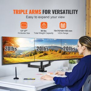 Supporto Triplo per Monitor con Molla a Gas Completamente Regolabile, Compatibile con Schermi da 13'' a 27'', Braccio in Metallo, Capacità 20 Libbre per Braccio, Stand per Tre Monitor - Product Image 2