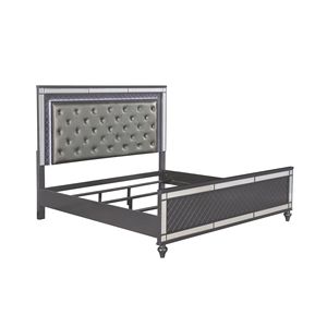 Letto King-Size in Stile Moderno Glam con Luci LED, 1 Pannello in Ecopelle, Testiera Imbottita con Bottoni Trapuntati, Inserti in Vetro, Finitura Grigia - Product Image 5
