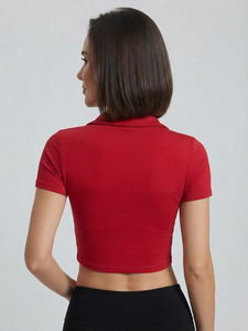 Top Corto Personalizado para Mujer, Estilo Veraniego, Ajustado, Manga Corta, Color Sólido, Tejido de Punto, Cuello Camisero - Product Image 2