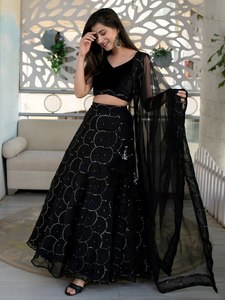 Black <b>Sequin</b> Geometric Pattern V-neck Sleeveless Lehenga Choli Set Modern Embroidered Women Outfit Wedding Party Dress - Product Image 3