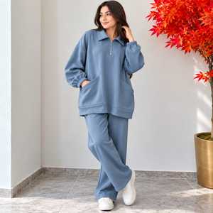 Ensemble survêtement décontracté pour femme, écologique, respirant, couleur unie, sweat-shirt oversize à demi-zip et pantalon large, coupe ample - Product Image 2