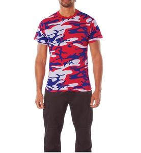 T-shirt pour homme à manches courtes, imprimé camouflage rouge, bleu et blanc, coupe ajustée, col rond, décontracté, respirant, en polyester tricoté - Product Image 4