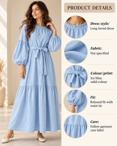 Womens Powder Blue Ankle Length <b>Casual</b> Simple Voluminous Sleeves Belted Waist Flowy <b>Long</b> <b>Dress</b> OEM Manufacturer - Product Image 6