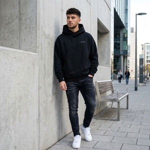 Custom <b>Plain</b> <b>Black</b> Oversized Pullover Hoodie Heavyweight Cotton Blend Fleece <b>Sweatshirt</b> for Men Women - Product Image 5