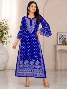 <b>Chikankari</b> Women Kurti Royal Blue Embroidered A Line <b>Kurta</b> with Bell Sleeves for Festive & Casual Wear - Product Image 1