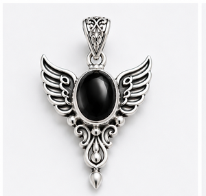 Black Onyx Silver Pendant, Sterling Silver Wing Pendant, Black Onyx <b>Necklace</b>, Gothic Angel Pendant, Statement Gemstone Jewelry - Product Image 3