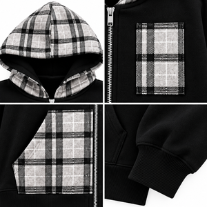Sweat-shirt décontracté pour homme, noir, à fermeture éclair, avec poche et doublure en patchwork à carreaux - Product Image 4