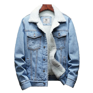 Men's Light Blue Denim <b>Jacket</b> with Faux <b>Fur</b> Lining Turn-down Collar Single Breasted Casual Autumn Fleece <b>Lined</b> Gradient Pattern - Product Image 1