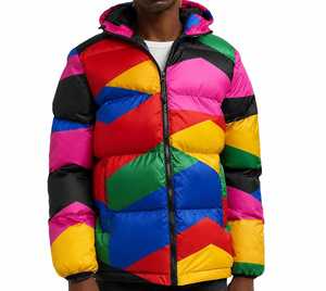Men's Color Blocking Plaid Pattern Patchwork <b>Fleece</b> Puffer <b>Jacket</b> Hooded Zipper Front Windproof Casual Winter Outerwear <b>Thick</b> - Product Image 1