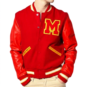 Giacca Varsity Bianca e Gialla da Uomo con Ricamo 'M' Rosso e Maniche in Pelle, Stile Preppy per l'Autunno - Product Image 4