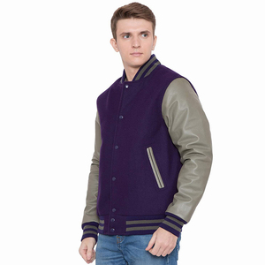Veste de sport pour homme en violet avec manches en cuir PU gris, col rabattu, fermeture à boutons, couleur unie, vêtement décontracté pour l'automne - Product Image 3