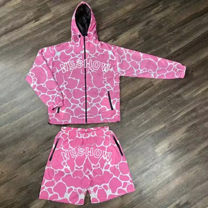 Unisex Blue White Pattern Tracksuit Set Hooded <b>Jacket</b> Shorts Quick Dry Streetwear <b>Summer</b> Wear Full Sleeve Zipper Front Logo - Product Image 4