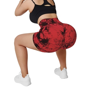Short de yoga sexy pour femme, rouge tie-dye, froncé, effet push-up, taille haute, sans couture, pour l'entraînement, style cycliste - Product Image 5