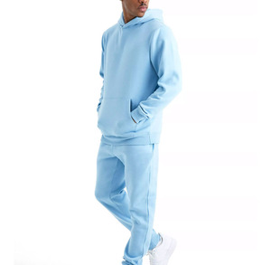 Ensemble de survêtement bleu clair à capuche pour homme, couleur unie, sweat-shirt et pantalon décontractés avec poches latérales, coupe régulière, automne - Product Image 1